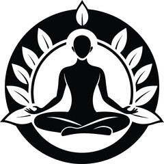 Meditation Yoga Silhouette with Lotus and Leaves