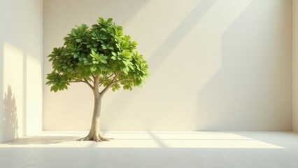 Obraz premium Serene Minimalist Interior Design Featuring a Lush Green Tree in a Sunlit Room