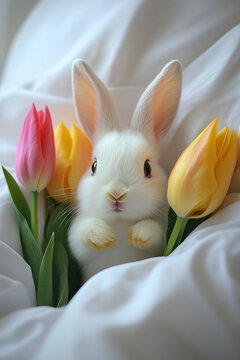 Cute Easter and spring wallpaper with white, fluffy bunny wrapped in a soft, warm blanket and surrounded by colorful tulips. 