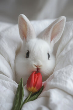 A white rabbit is wrapped in soft cotton cloth, with a single red tulip nestled between its paws. Close up. Cute animal cover. Minimal Easter wallpaper	