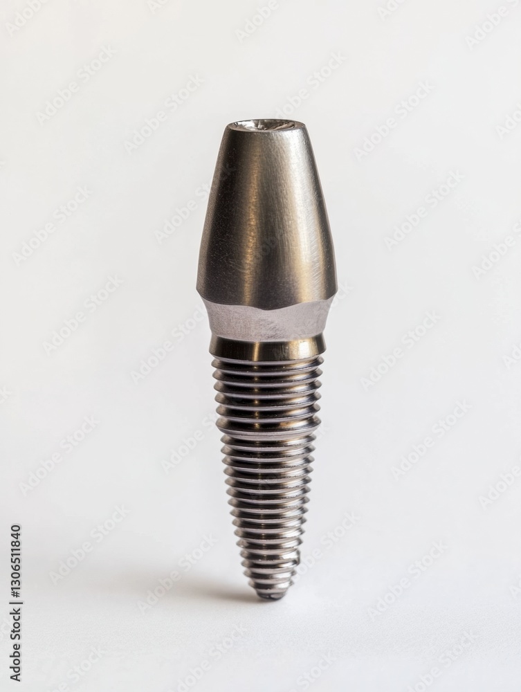 Poster high quality dental implant displayed on smooth white background with detailed metal texture for inf