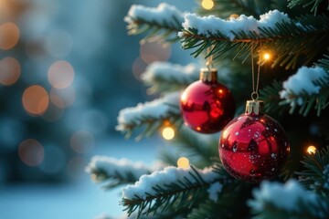 Obraz premium Sparkling ornaments hang from a branch of a silver fir tree, evergreen tree, winter wonderland