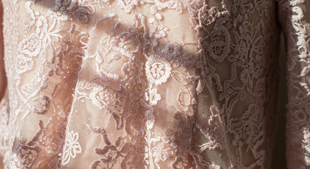 Elegant Blush Pink Lace Fabric Texture Detailed Close Up Shot Bridal Gown Material