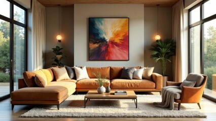 Modern Sectional Sofa and Accent Chair Arrangement in a Sunlit Living Room with Abstract Artwork and Plush Textiles