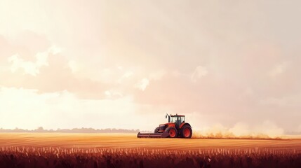 Fototapeta premium Tractor harvesting wheat field at sunset, rural landscape and agriculture