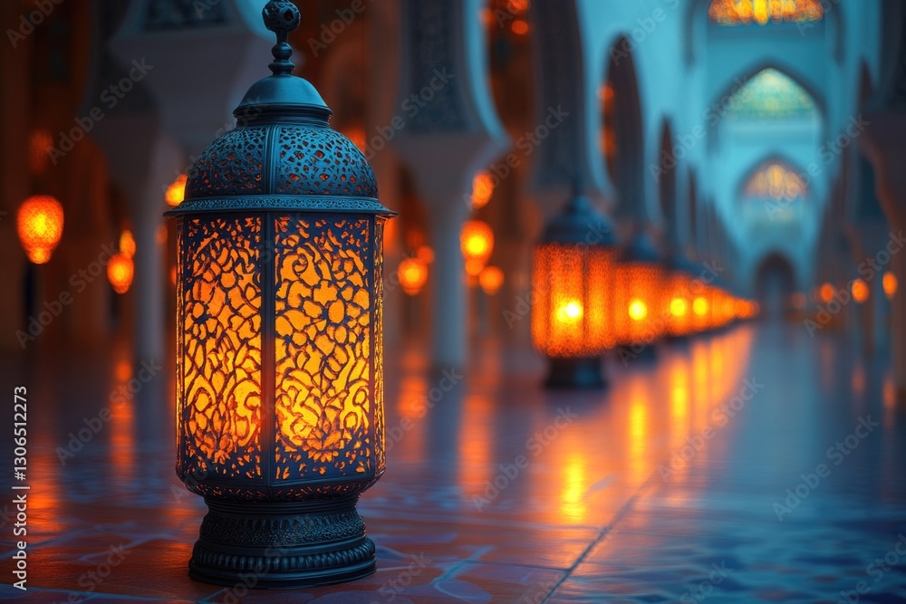 Poster a row of lanterns lit up inside a mosque