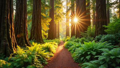 Tranquil redwood forest trail with golden-hour sunlight, serene escape, sequoia