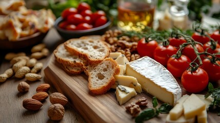 A variety of cheeses accompanied by ripe cherry tomatoes and slices of rustic bread create a tempting spread. Nuts and herbs enhance this inviting arrangement for any casual gathering