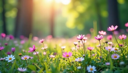 Abstract blurred image of dreamy pastel wildflowers in a sunlit forest clearing, spring, pastel