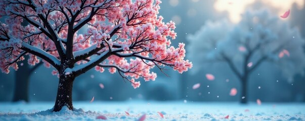 Tree with snowflakes gently falling around it, tree, frosty, serene