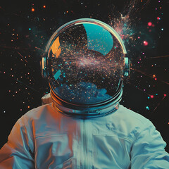 Astronaut explores cosmic wonders through sparkling helmet glass Generative AI
