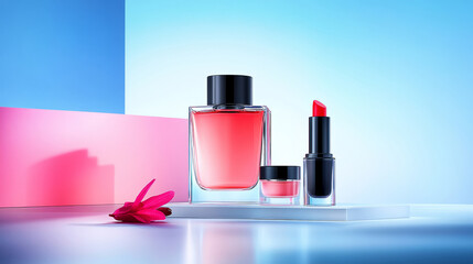 Elegant display of beauty products featuring a perfume bottle, lip gloss, and lipstick alongside pink and blue geometric backgrounds