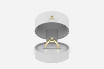 Diamond ring in jewelry gift box isolated on white background. 3d illustration