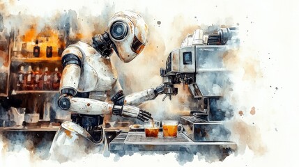 Robot Barista Brewing Coffee with Espresso Machine in Modern Cafe Setting