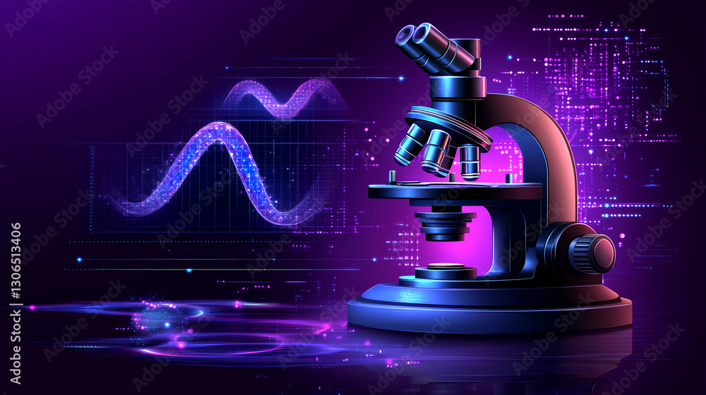 Poster microscope analysis in a digital lab science experiment futuristic environment close-up view