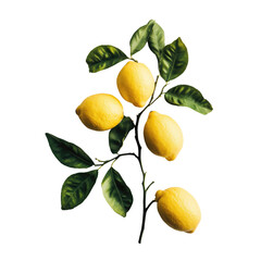 Fresh Lemon Fruits with Vibrant Green Leaves on a Branch Isolated on a White Background Ideal for Culinary, Health, and Beauty Themes in Stock Photography Collections