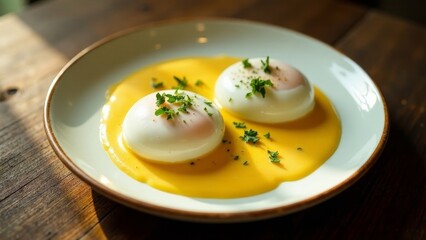 Delicious poached eggs in a vibrant yellow sauce, garnished with fresh herbs, served on a minimalist plate