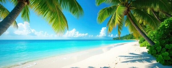 Lush palms, white sand beach, turquoise ocean, tranquil, blue, tropical island