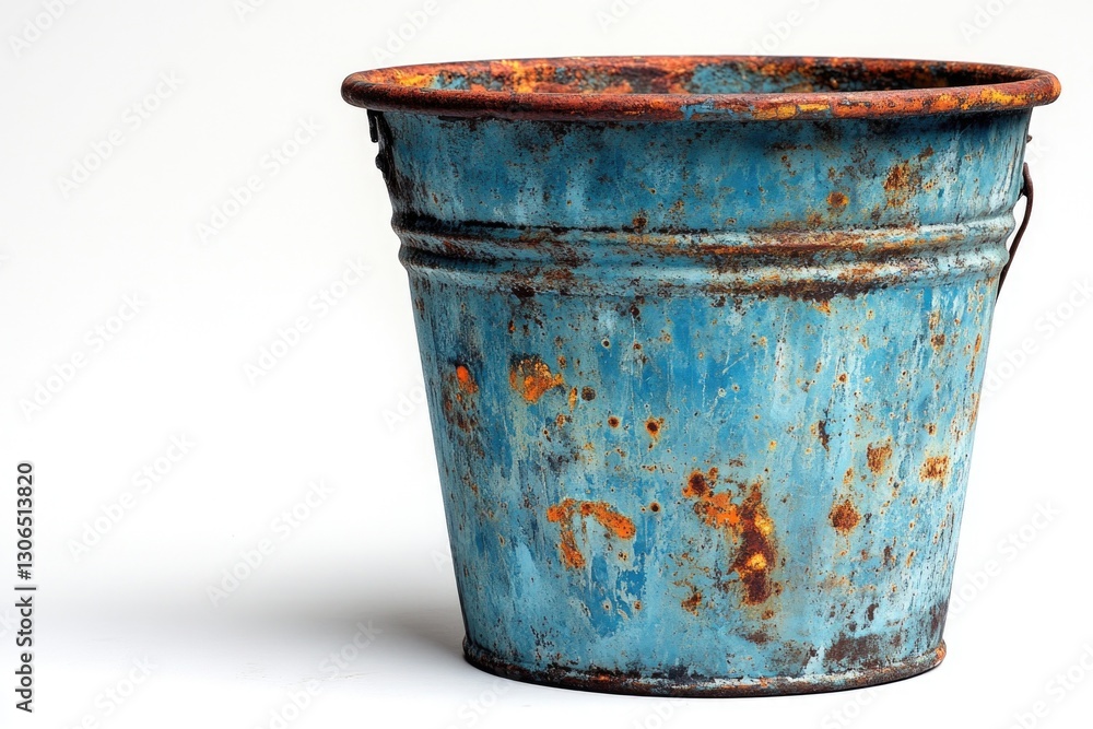 Poster a rusty blue bucket sits on a white surface, ready for use
