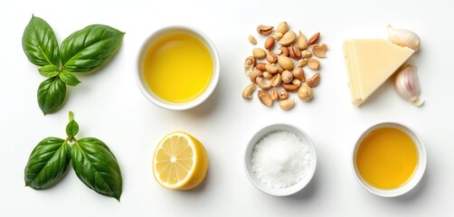 Top view pesto sauce ingredients on white background fresh basil leaves, pine nuts, garlic cloves, Parmesan cheese, lemon slice, olive oil, salt. Cooking process. Healthy nutrition, mediterranean