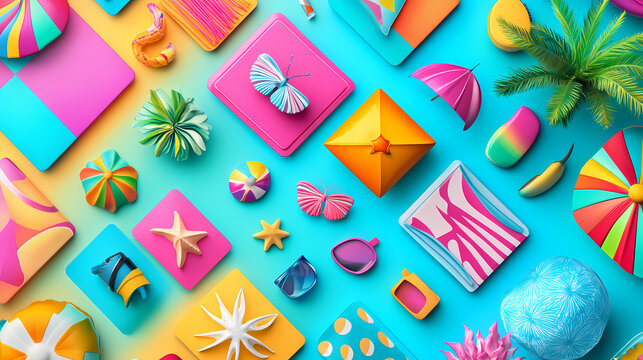 Colorful summer accessories arranged on a vibrant background Generative AI