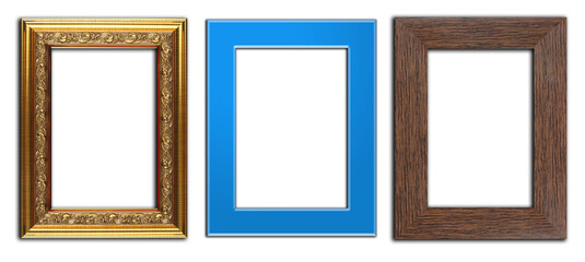 Foto frame  with square shape, gold ornate, blue border,  and dark brown fiberglass. set of woodenlikes  picture frames