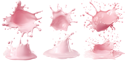 Set of splashes of pink milky liquids similar to smoothie, yogurt or cream, placed on white or transparent background