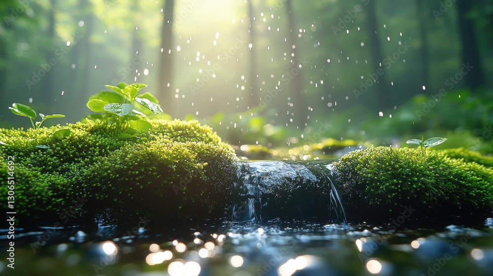 Poster a peaceful scene with a stream running through a dense and vibrant green forest