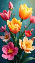 Fototapeta premium Whimsical spring flower bouquet, vibrant colors, spring card, stems