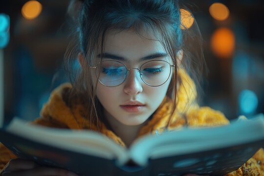 A woman wearing glasses reads a book in a quiet setting - Powered by Adobe