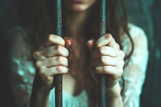 A woman in a dress holds onto the bars of a prison cell. Imprisonment, prison, punishment. Feelings of helplessness, inability to transcend one's circumstances.