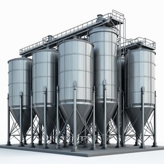 Large storage tanks, silos for storing raw materials like grain, chemical liquids. Industrial metallic containers, steel towers on agricultural construction site. Modern australian engineering