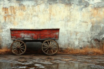 Obraz premium A single red wagon leaning against a brick or concrete wall, with no additional objects or people in sight