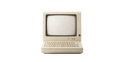 Vintage desktop computer with blank screen, on white or transparent background