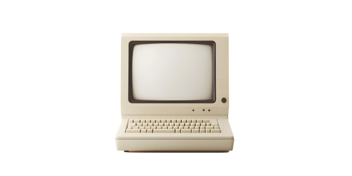 Vintage desktop computer with blank screen, on white or transparent background