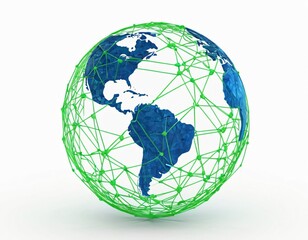 Stylized digital globe logo, featuring interconnected lines and dots to symbolize global connectivity and advanced technology, in cybernetic blue and digital green colors, white background