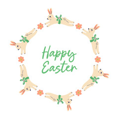 Happy Easter Round Frame With Bunnies. Happy Easter hand drawn card. Flat illustration with partial outline. Isolated vector illustration.