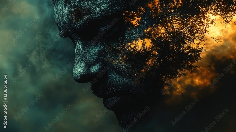 Poster a person's profile with a tree standing behind him