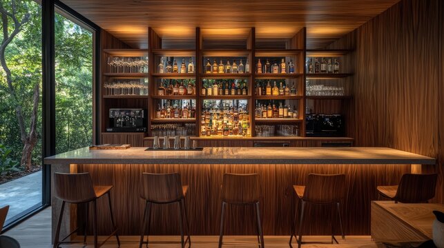 A contemporary home bar with conveniently placed sockets.
