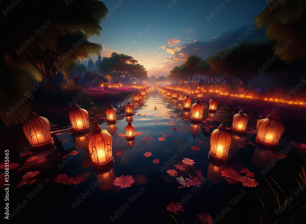 Poster river lit by floating lanterns under a twilight sky. trees in background add to the serene scene.