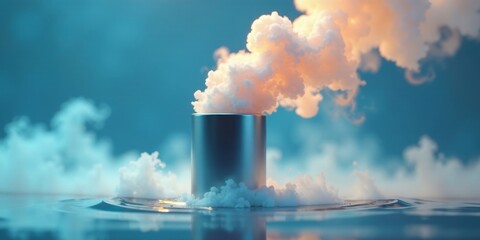 Ethereal Vapor Rising From a Cylindrical Vessel Surrounded by a Calm, Reflective Body of Water