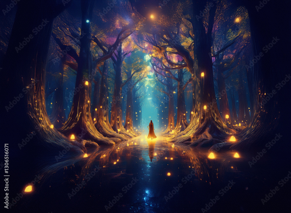 Poster a figure stands bathed in light within a magical forest background. glowing orbs illuminate the dark