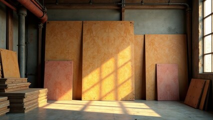 Sunlit Warehouse Interior with Stacked Wood Panels and Industrial Piping