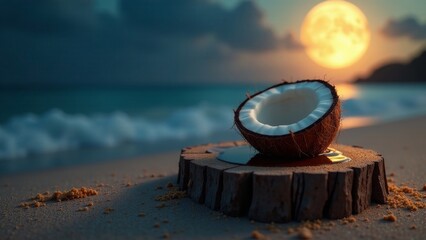 Serene Sunset Half a Coconut Resting on a Wooden Stump, Beside a Tranquil Ocean with Gentle Waves under a Large Moon