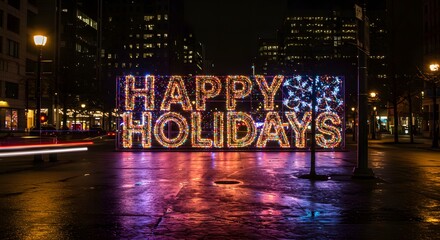 A glowing "Happy Holidays" sign with twinkling lights. General Festive Themes