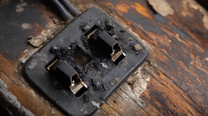 A damaged power adapter with blackened prongs due to a short circuit.