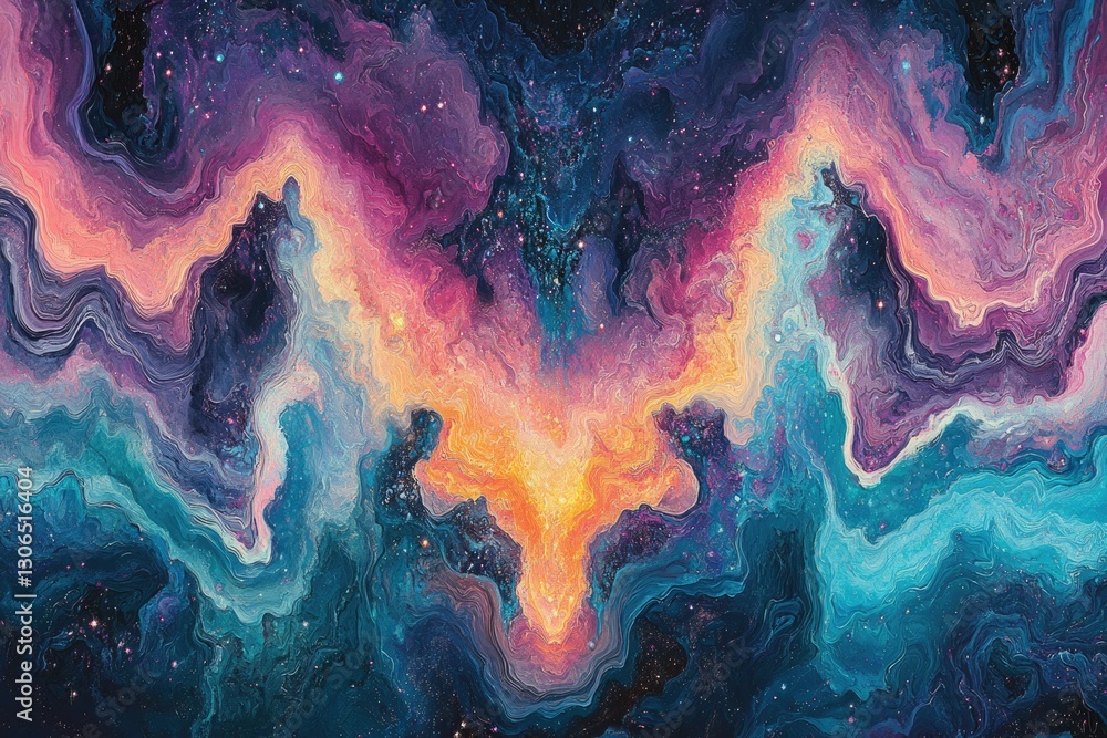Poster abstract cosmic art depicting a vibrant nebula with swirling colors and embedded stars.