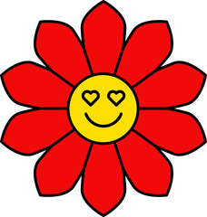 Cute and colorful collection of spring Happy Flowers with smiling faces. Groovy daisy flowers set. Flat color icons. Simple flower silhouette Retro vintage style Vector illustration .