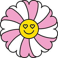 Fototapeta premium Cute and colorful collection of spring Happy Flowers with smiling faces. Groovy daisy flowers set. Flat color icons. Simple flower silhouette Retro vintage style Vector illustration .