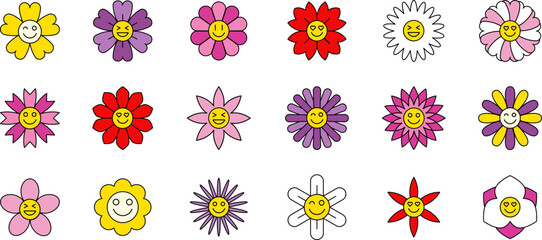 Obraz premium Cute and colorful collection of spring Happy Flowers with smiling faces. Groovy daisy flowers set. Flat color icons. Simple flower silhouette Retro vintage style Vector illustration .